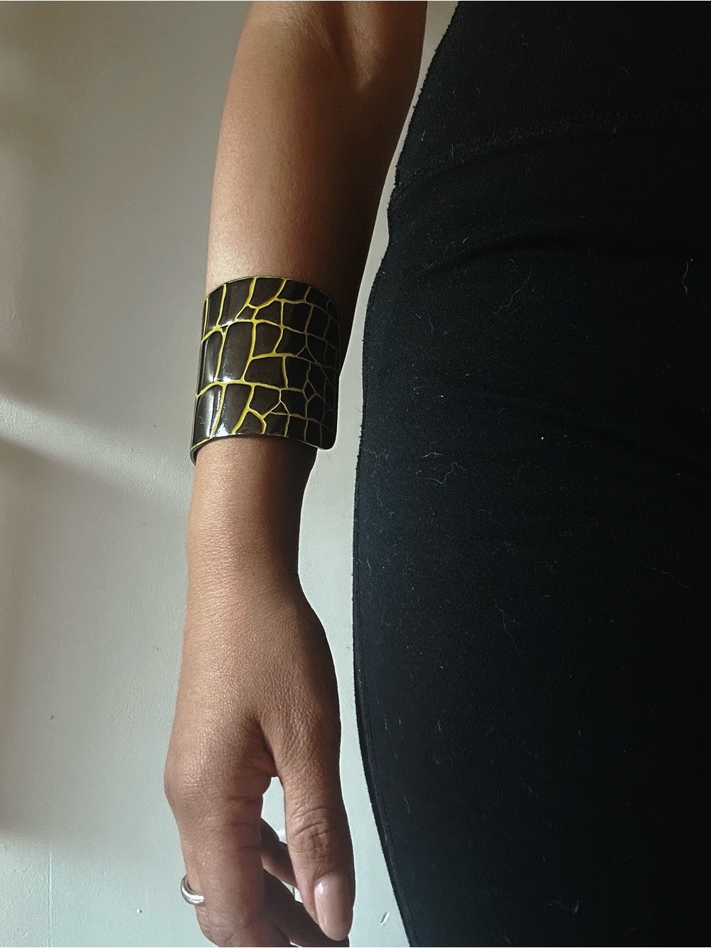 Alexander McQueen shiny Gun metal and  yellowCroc-Embossed Wide Cuff Bracelet